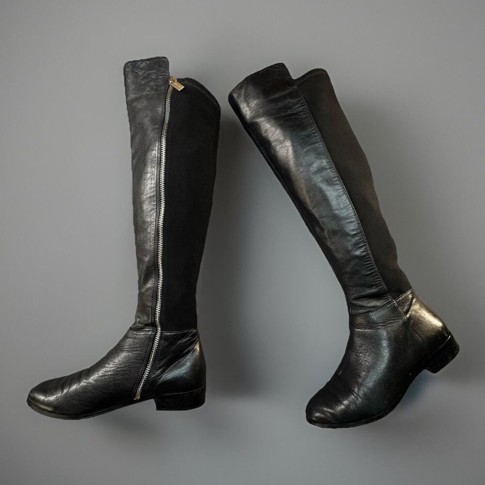 Michael Kors Womens Size 6.5 Black Leather Tall Riding Boots Stretch Zip -554